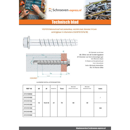 1 x Betonschroeven zeskantkop TH kraagflens T21 14X130 Wit verzinkt staal