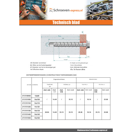 1 x Betonschroeven zeskantkop TH kraagflens T21 14X130 Wit verzinkt staal