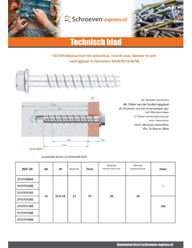 1 x Betonschroeven zeskantkop TH kraagflens T21...