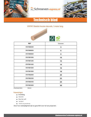 1 x Gladde houten deuvel diameter 20 lengte 1...