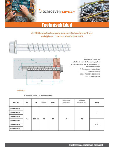 1 x Betonschroeven zeskantkop TH kraagflens T18...