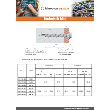 1 x Betonschroeven zeskantkop TH kraagflens T18 12X90 Wit verzinkt staal