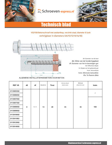 1 x Betonschroeven zeskantkop TH kraagflens T13...
