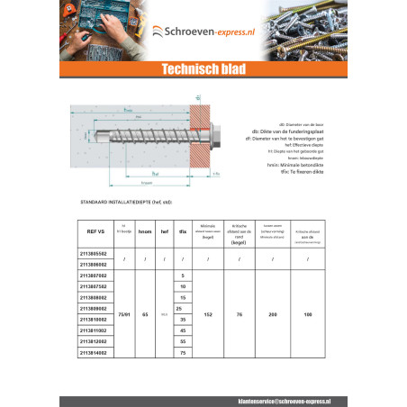 1 x Betonschroeven zeskantkop TH kraagflens T13 8X110 Wit verzinkt staal