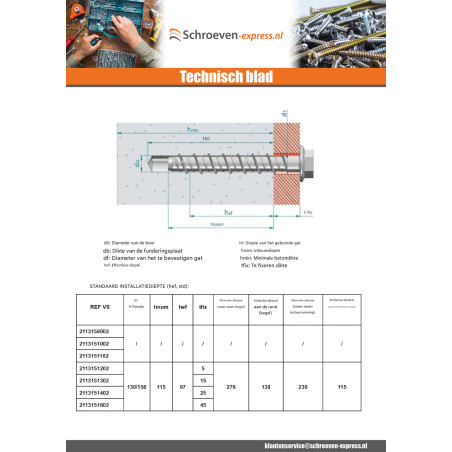 1 x Betonschroeven zeskantkop TH kraagflens T21 14X120 Wit verzinkt staal