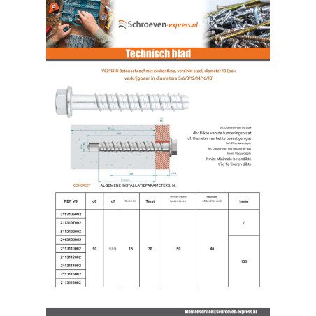 1 x Betonschroeven zeskantkop TH kraagflens TORX T15 10X70 Wit verzinkt staal