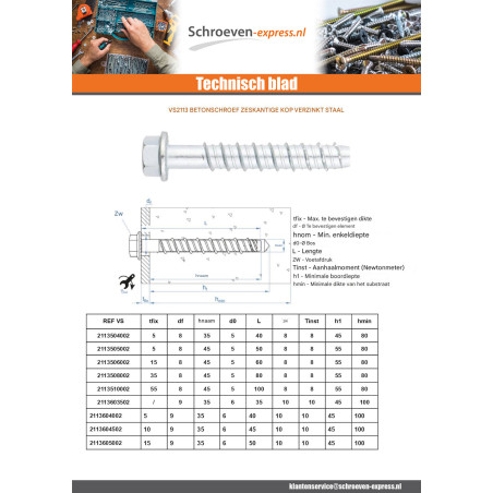 1 x Betonschroeven zeskantkop TH kraagflens TORX T15 10X160 Wit verzinkt staal