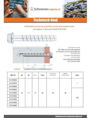 1 x Betonschroeven zeskantkop TH kraagflens...