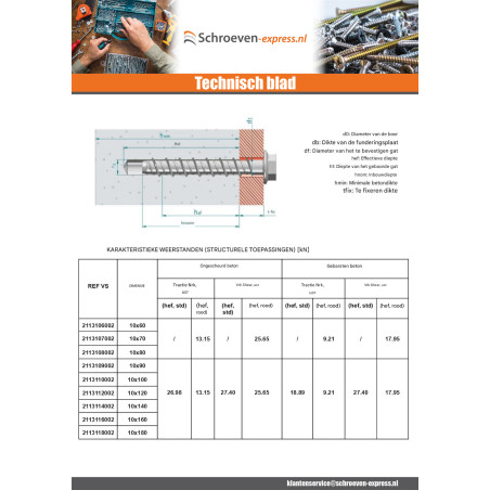 1 x Betonschroeven zeskantkop TH kraagflens TORX T15 10X60 Wit verzinkt staal