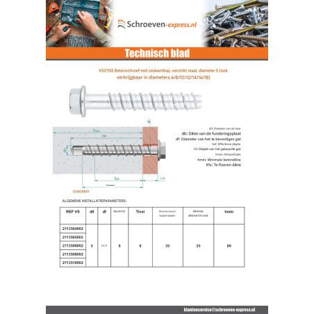 1 x Betonschroeven zeskantkop TH kraagflens TORX T8 5X80 Wit verzinkt staal