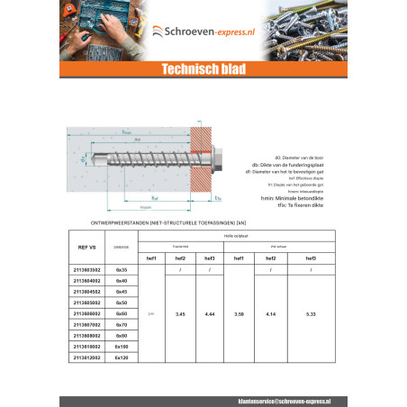 1 x Betonschroeven zeskantkop TH kraagflens TORX T10 6X45 Wit verzinkt staal