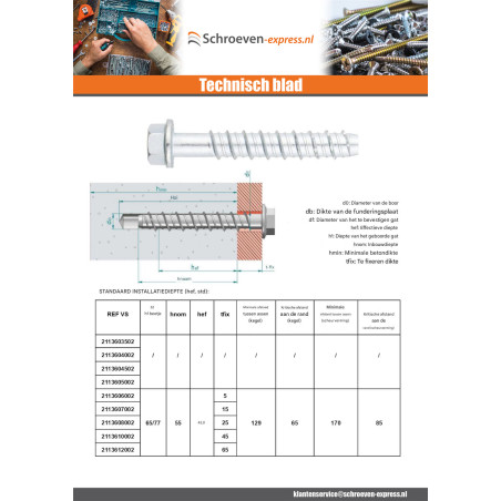 1 x Betonschroeven zeskantkop TH kraagflens TORX T10 6X60 Wit verzinkt staal