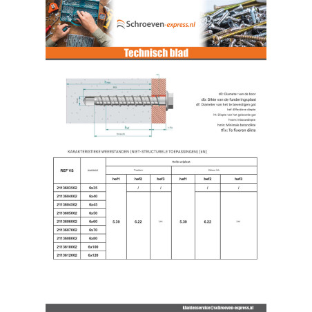 1 x Betonschroeven zeskantkop TH kraagflens TORX T10 6X60 Wit verzinkt staal