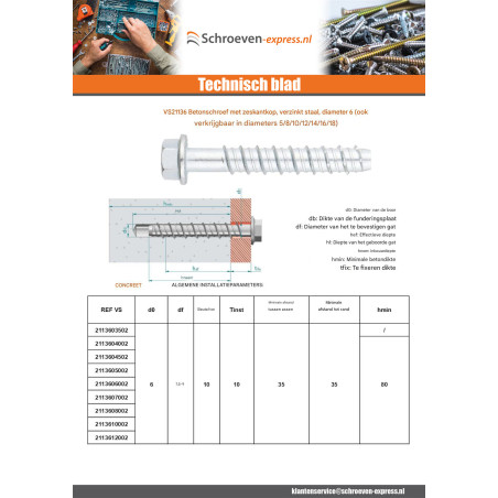 1 x Betonschroeven zeskantkop TH kraagflens TORX T10 6X100 Wit verzinkt staal