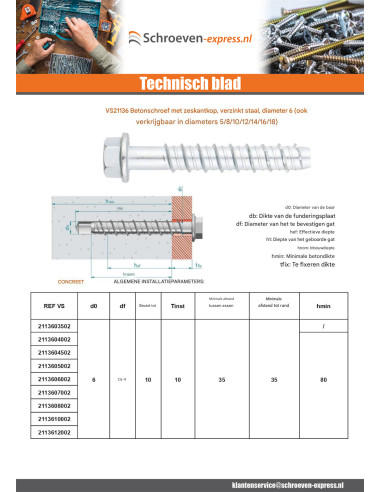 1 x Betonschroeven zeskantkop TH kraagflens...