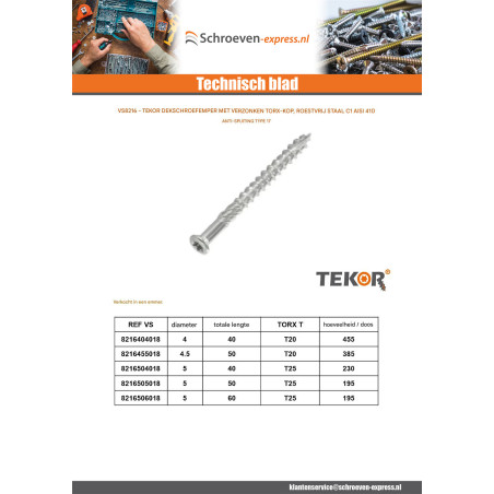 1 x Emmer met 195 Vlonderschroeven TEKOR 5X60 anti-splijtpunt type 17 cut RVS C1 AISI 410 gefreesde kop TORX T25