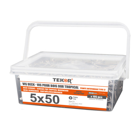 1 x Emmer met 195 Vlonderschroeven TEKOR 5X50 anti-splijtpunt type 17 cut RVS C1 AISI 410 gefreesde kop TORX T25