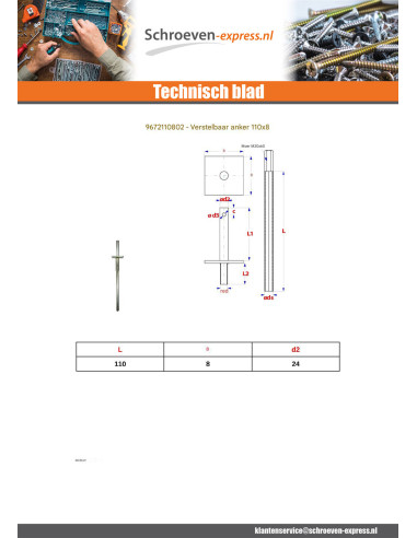 1 x Verankering instelling 110X8 Wit verzinkt...