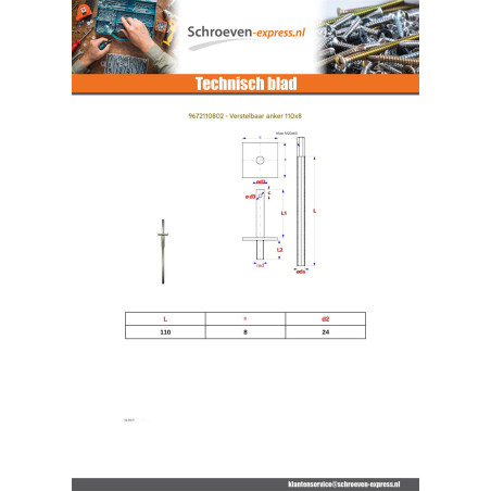 1 x Verankering instelling 110X8 Wit verzinkt staal