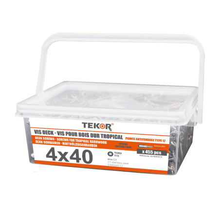 1 x Emmer met 455 Vlonderschroeven TEKOR 4X40 anti-splijtpunt type 17 cut RVS C1 AISI 410 gefreesde kop TORX T15