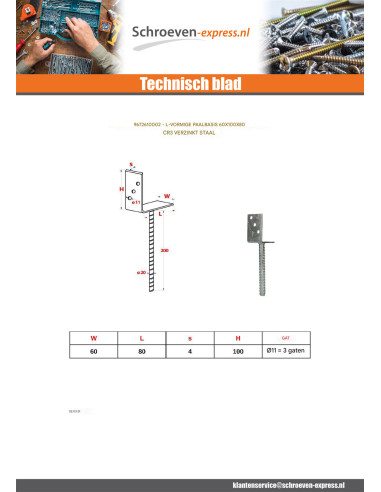 1 x Stolpebund vorm L 60x100x80 Wit verzinkt staal
