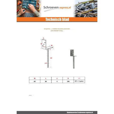 1 x Stolpebund vorm L 60x100x80 Wit verzinkt staal