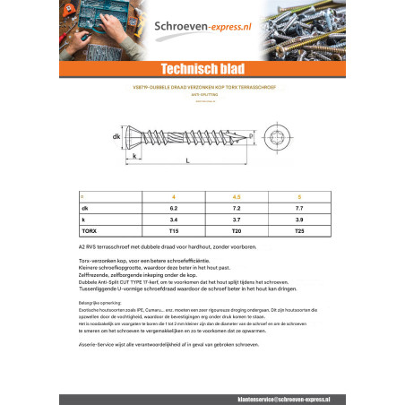 1 x Terrasschroeven TEKOR dubbele draad gefreesde kop TORX T25 5X100 anti-splijtpunt type 17 cut RVS A2