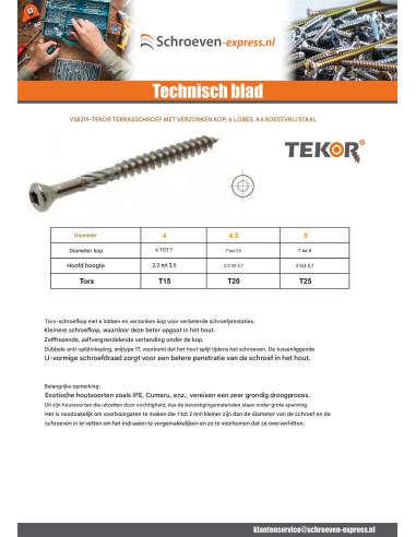 1 x Terrasschroeven TEKOR gefreesde bolkop TORX...