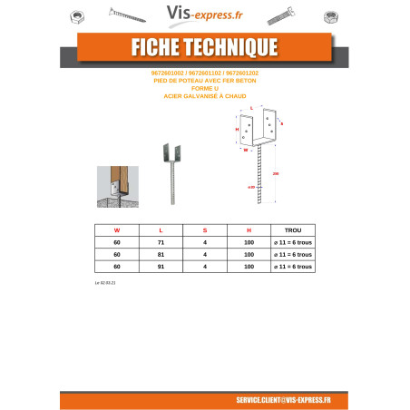 1 x Stolpebund vorm U 60x100x91 hoge corrosiebestendigheid Thermisch verzinkt staal