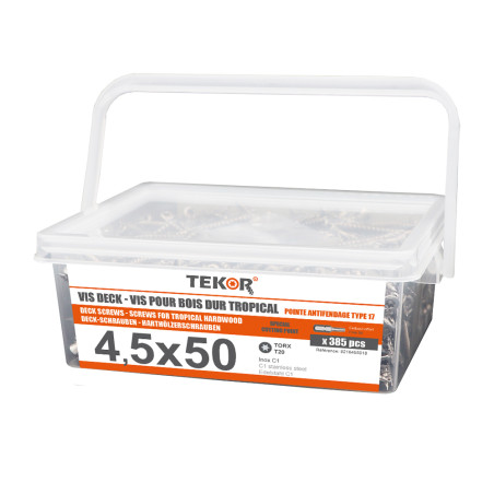 1 x Emmer met 385 Vlonderschroeven TEKOR 4,5X50 anti-splijtpunt type 17 cut RVS C1 AISI 410 gefreesde kop