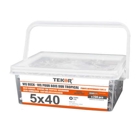 1 x Emmer met 230 Vlonderschroeven TEKOR 5X40 anti-splijtpunt type 17 cut RVS C1 AISI 410 gefreesde kop TORX T25