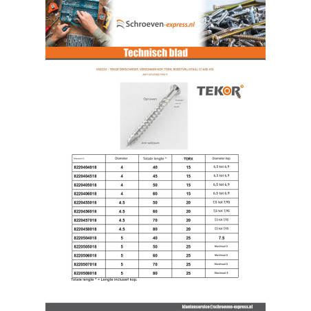 1 x Vlonderschroeven TEKOR gefreesde bolkop TORX T20 4,5X80 anti-splijtpunt type 17 cut RVS RVS C1 AISI 410