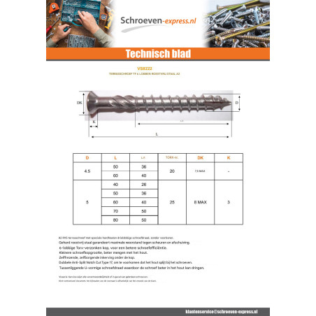 1 x Terrasschroeven TEKOR gefreesde kop kartel TORX T20 4,5X50 anti-splijtpunt type 17 cut RVS A2