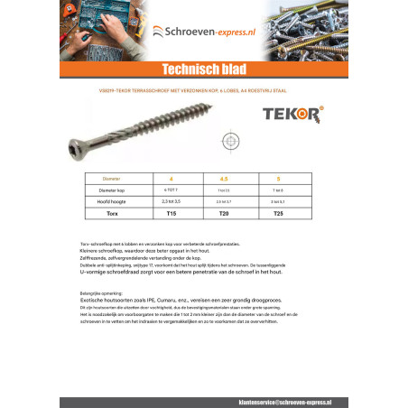 1 x Terrasschroeven TEKOR gefreesde bolkop TORX T25 5X70 anti-splijtpunt type 17 cut A4 RVS