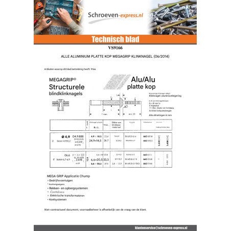 1 x Blinde klinknagel, volledig aluminium MEGAGRIP 6.6X14.1 platte kop