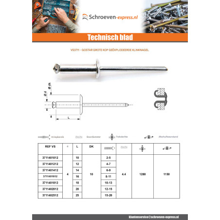 1 x Klinknagel GOSTAR Aluminium Staalstaaf 4.8X20 Zwart