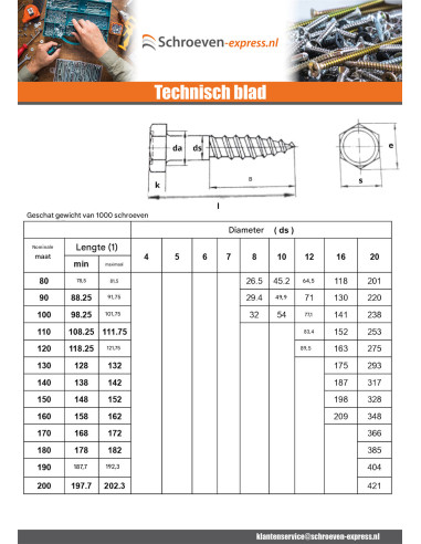 1 x Houtdraadbouten 16X260 Wit verzinkt staal