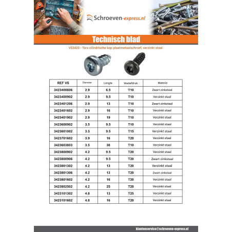 1 x Metaalplaatschroef cilindrische kop 4.2X16 TORX T20 Wit verzinkt staal