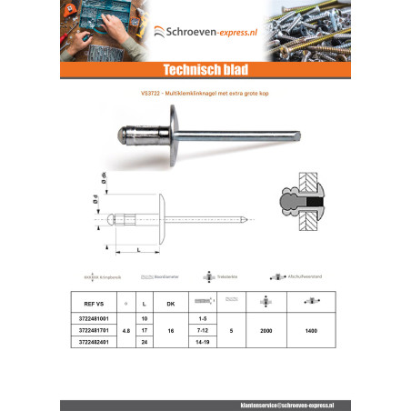 1 x Multigrip blindklinknagels Aluminium Staalstaaf 4.8X10 extra brede