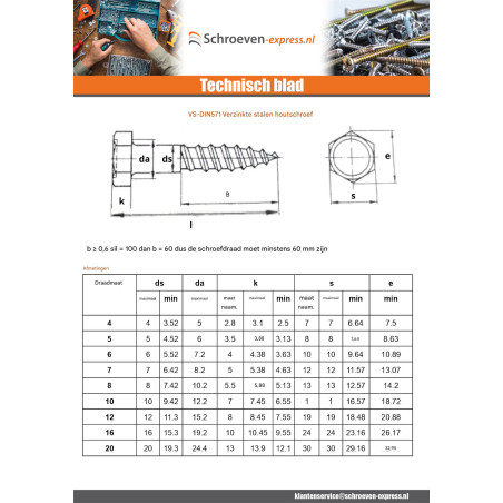 1 x Houtdraadbouten 6X50 Wit verzinkt staal