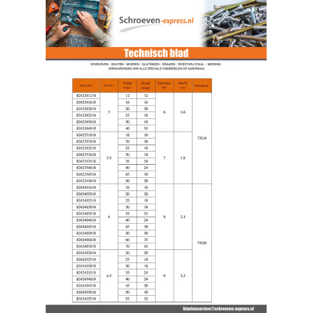 1 x Verkocht in rollen van 167 TEKOR houtschroeven gefreesde kop kartel 4X35 bedraad op 22 TORX T20 RVS A2