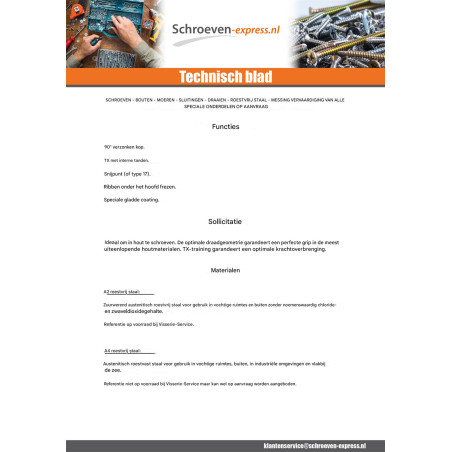 1 x TEKOR houtschroeven RVS A2 gefreesde kop kartel TORX T10 3X45 bedraad op 30 anti-splijtpunt type 17 cut microschroeven