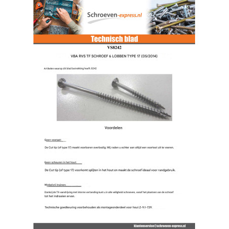 1 x TEKOR houtschroeven RVS A2 gefreesde kop kartel TORX T25 6X80 bedraad op 48 anti-splijtpunt type 17 cut