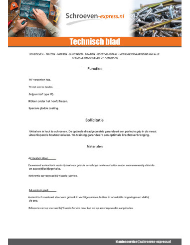 1 x TEKOR houtschroeven RVS A2 gefreesde kop...