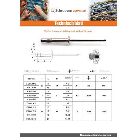 1 x Multigrip blindklinknagels Aluminium Staalstaaf TRS 3.2X8