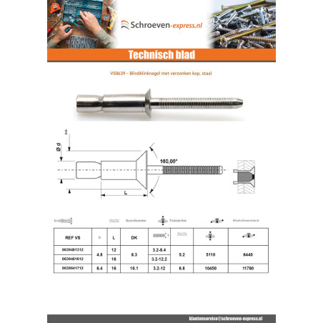 1 x Volledig stalen blindklinknagel HIBOLT gefreesde kop 4.8X16 spandikte 3.2 to 12