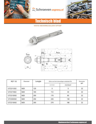 1 x Bout Verankering R-XPTIIIZP M20X200 Wit...