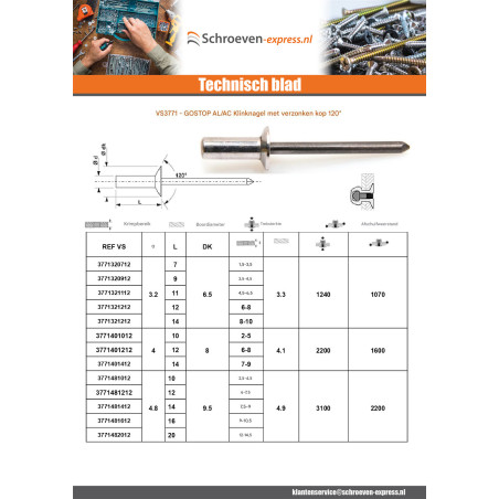 1 x Klinknagel waterdicht GOSTOP Aluminium Staalstaaf gefreesde kop 4.8X20