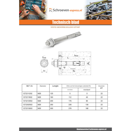 1 x Bout Verankering R-XPTIIIZP M20X300 Wit verzinkt staal RAWLPLUG