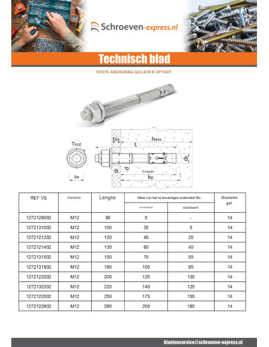 1 x Bout Verankering R-XPTIIIZP M12X80 Wit...